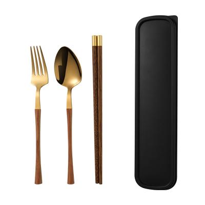 China Amazon Viable Hot Sale Portable Travel Stainless Steel Handle Chopsticks Forks And Spoons Flatware Flatware Wooden Cutlery Set With Case for sale