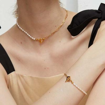 China Fashion 18K Gold Plating Stainless Steel Half Square Chain Freshwater Pearl Linked Casual Half Necklace for sale