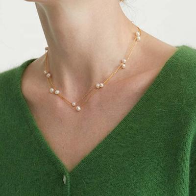 China FASHIONABLE Retro French Pearl Necklace Double Layer Natural Pearl Clavicle Chain Jewelry Silver Gold Plated 925 Silver Female Gift for sale