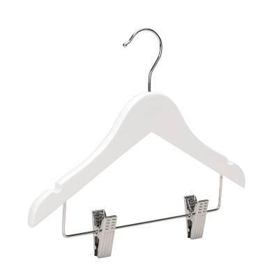 China Inspring Traditional Wholesale White Wooden Kids Baby Clothes Hangers With Trouser Clips for sale