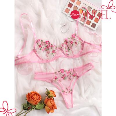 China Spandex/Polyester KISS ME ANGEL sheer flirtatious pink yellow night most popular wear sexy women lingerie bra panties sets online for sale