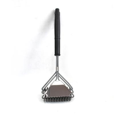 China Spring Barbecue Cleaning Brush Stainless Steel Three Head Durable Three Head Barbecue Cleaning Brush With Scraper for sale