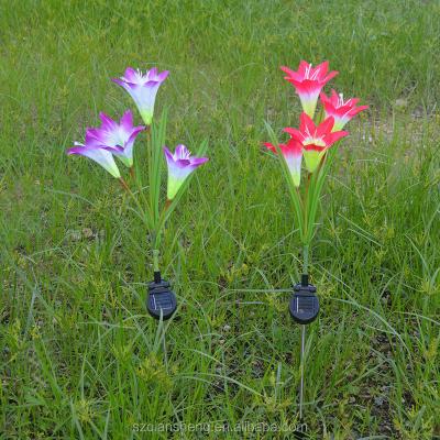 China ABS+Stainless Steel 3 LED Purple Lily Solar Flower Light For Garden Decoration for sale