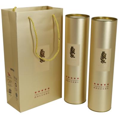 China Recycled Materials Wine Packaging In Luxury Gold Round Printed Paper Box With Metal Cover And Bottom for sale