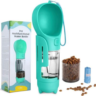 China Sustainable Portable Plastic Travel Drinking Automatic Pet Feeder Portatil Botella 3 in 1 with Poop Bag Dog Travel Water Bottle for sale