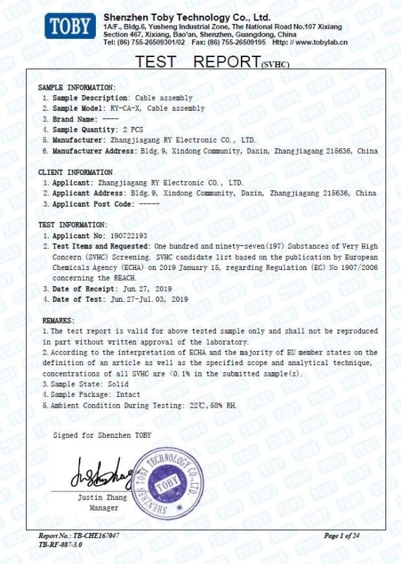 (RY-CA-X）-reach Report - Zhangjiagang RY Electronic CO.,LTD