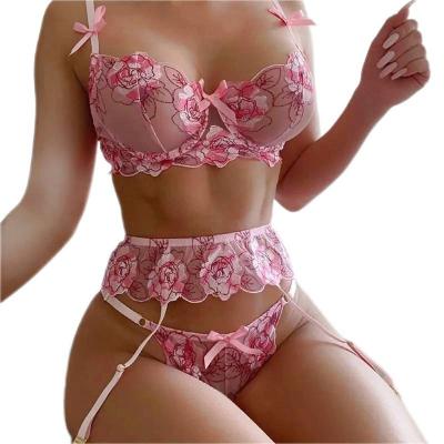 China Women's Valentine Sexy Transparent Pink Lace 3 Pieces Hot Sexy Lingerie Transparent Bra Sets Hot Erotic Costumes Women's Sexy Underwear Images for sale