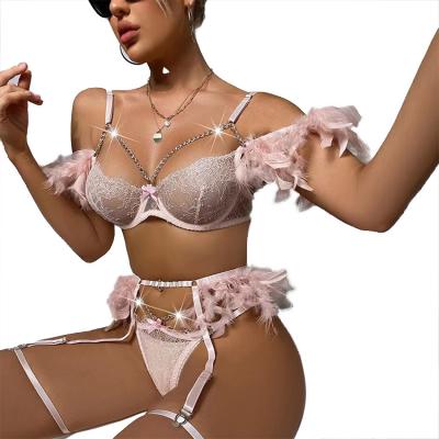 China Wholesale high quality feather lingerie women sexy mature woman lingerie 3 piece set see through chain women three piece lingerie set for sale