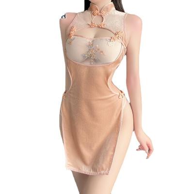 China Sexy Sexy Chest Perspective Underwear Lace High Waist Split Skirt Cheongsam Uniform Set for sale