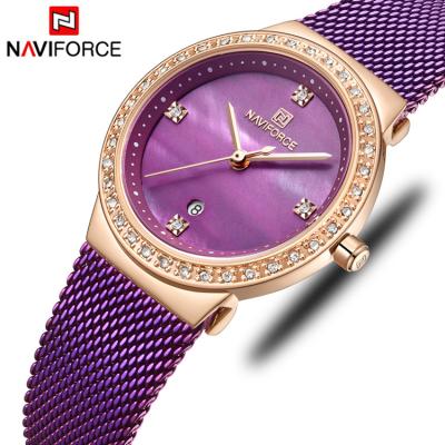 China Lady Fashion Day/Date NAVIFORCE 5005 Casual Simple Steel Mesh Strap Wrist Watch Gift for Ladies Girls Crystal Watch Waterproof Rose Gold for sale