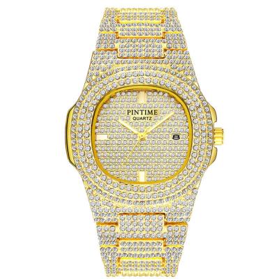 China Men's Fashion Crystal Stone Clock Relogio Masculine De Diamond Gold Color Date Quartz Watch Men's Day/Date PINTIME PT2548 for sale