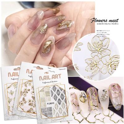 China Japanese Style 3D Lace Flower Wave Gold Lines Nail Art Stickers Self Adhesive Metal Effect Decal with 36 Designs for sale