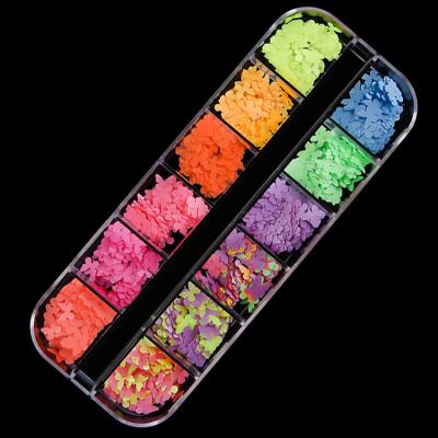 China 3d Nail Art DIY Decoration 12 Grid Light Nail Butterfly Glitter Neon Sticker Decals For Nails Art for sale