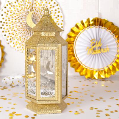 China New Ramadan Decorative Candle Holder Beauty Decorations Pafu Metal Lantern With LED Fairy Lights EID Lantern Decoration for sale