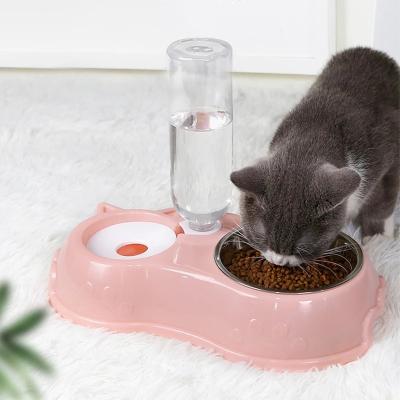 China Plastic Pet Cat Dog 2 In 1 Feeder Drinking Full Set Puppy Kitty Food Water Bowls for sale