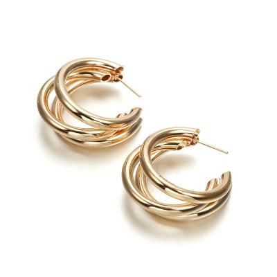 China TRENDY Triwire 34mm Gold Plated High Hoop Earrings Statement Triple Polished Round Tube Medium Open Hoop Earrings for sale