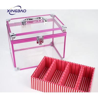 China Normcore/Acrylic Aluminum Makeup Kit Cosmetics Train Case PinkTransparent Minimalist Professional Fashion Make Up Box for sale