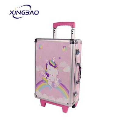 China Beauty Cosmetic Pink Aluminum BoxChildren Makeup Dispalying Towel Carry Case Cosmetics Rolling Trolley Case for sale