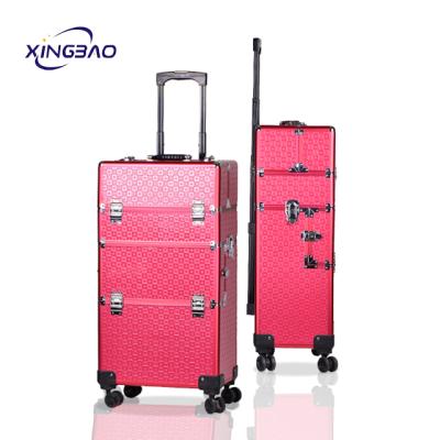 China Fashion 3 in1 Professional Cosmetic Train Case Trolley Makeup Aluminum Rolling Case for sale