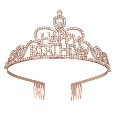 China Alloy Rhinestone Birthday Queen Tiara Rhinestone Tiara Happy Birthday Girl Queen Rose Gold Lace Sash With Rhinestone Children's Alloy Crown Birthday Gift for sale