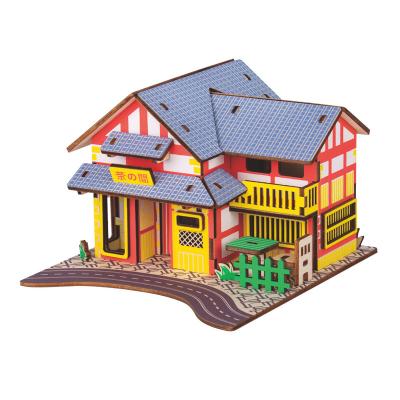 China 2021 Hot Selling Eco-friendly Toys 3D Educational Wooden Puzzle Kids Tea House Villa Dollhouse Wooden Furniture for sale