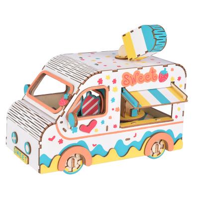 China New Design Eco-friendly Material Cute Wooden 3D Puzzle Educational Toys Puzzle Ice Cream Van Kit For Drop Shipping for sale