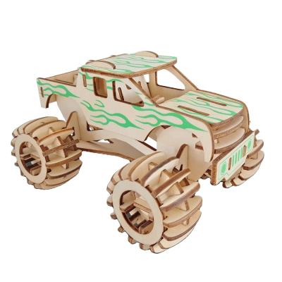 China Eco-Friendly Laser Cutting Jigsaw DIY 3D Puzzle Toy Monster Truck Wooden Kids Toys Educational Kit For Drop Shipping for sale