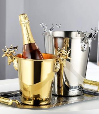 China Custom Viable Luxury Main Tool Moose Champagne Beer Ice Bucket Stainless Steel Golden Ice Wine Buckets With Deer Head for sale