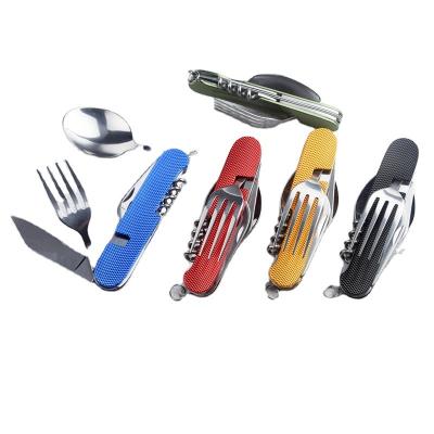 China Sustainable Portable Stainless Steel 6 in 1 Camping Cutlery Set Multi-Tool Flatware Pocket Knife Foldable Spoon and Fork for sale