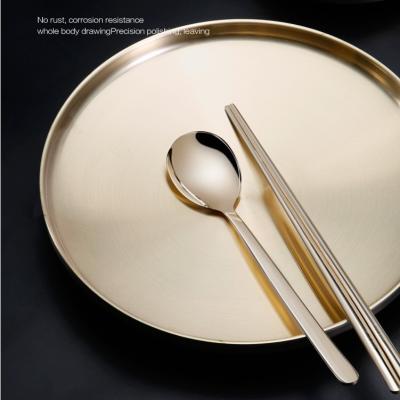 China Viable Luxury Stainless Steel Double Layer Style Serving Dishes Dish Korean Gold Round Tableware Plates Dinner Dishes for sale