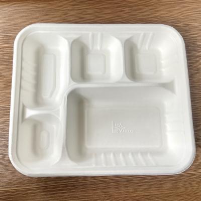 China Modern Eco-friendly Biodegradable Disposable Sugar Cane Pulp 5 Compartment Dishes For Fast Food for sale