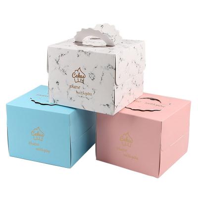 China Recycled Materials 6inch Portable Dessert Box Coated Paper Bakery Cake Packaging Boxes With Handle for sale