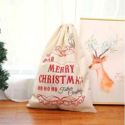 China Large Size Eco-friendly Deer Pattern Christmas Gift Bag Natural Canvas Cotton Gift Bag For Xmas for sale