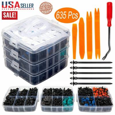 China Plastic+Nylon 635pcs Car Fastener Clips Set With Mixed Auto Pin Rivet Bumper Door Trim Box Body Push Stopper Panel Fastener Clip Kit for sale