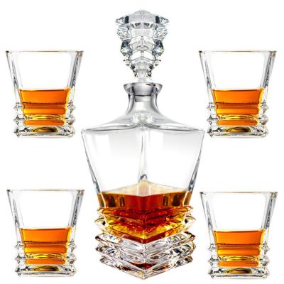 China Viable Lead Free 5-Piece Decanter Whiskey Set With 4 Spring Square Cups Crystal Whiskey Decanter Set for sale