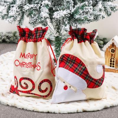 China Festival Decoration Pick Christmas Canvas Bags Bags Elk Christmas Santa Sack Drawstring Christmas Gift Bag With Embroidery for sale