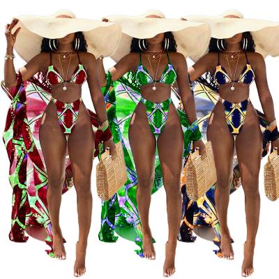 China Hot Antibacterial Women Floral Print 3pcs Bandage Swimwear Swimwear Bikini With Cover Up Dress Yellow Bathing Suit Beach Wear for sale