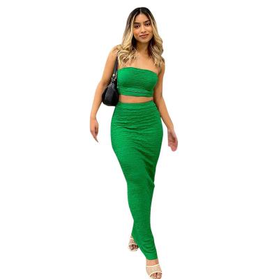 China Sexy QUICK DRY Summer Chest Wrap Off The Shoulder Short Top And Pleats Ruffle Elegant Ladies Suit Set Long Pencil Skirt Solid Part 2pc Set for sale