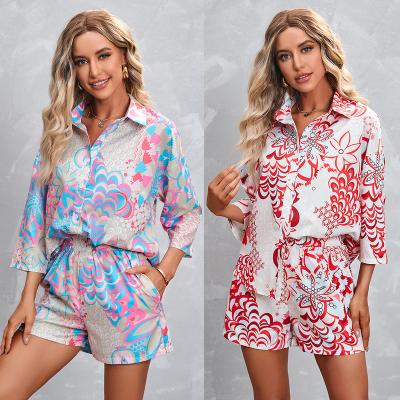 China New QUICK DRY Women's Casual Set Fashion Loose Floral Printed Three Quarter Sleeve Ladies Shorts Casual Two Piece Set For Women for sale