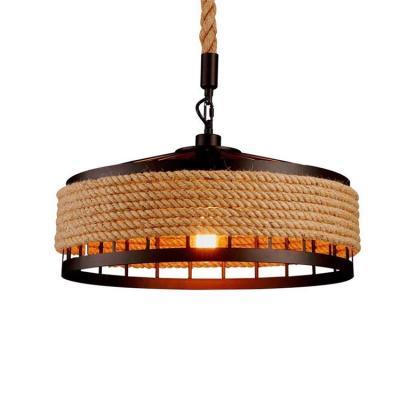 China Retro Home Vintage Restaurant Bar Hotel Industrial Round Iron Attic Hemp Rope Chandelier Ceiling Lamp for sale