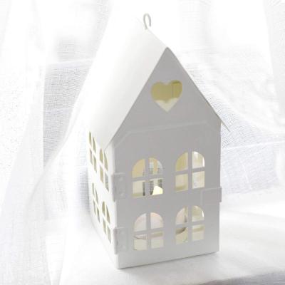 China Small Home Decor Vintage Metal Tea Light Candle Holder White Home Decorative Lantern With Heart Pattern for sale