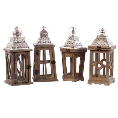 China Home Decor Urban Trends Wood Square Lantern with Silver Pierced Top Metal Ring Hanger and Assortment of Four Stained Wood Lanterns for sale