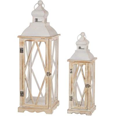 China Metal Wood Lanterns Home Vintage Farmhouse Glitzhome Decoration Decorative Hanging White Candle Lanterns Set of 2 for sale