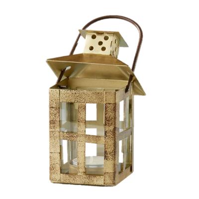 China Romantic Kate Aspen Vintage Antique Gold Distressed Candlelight Small Lantern Tea Light Holder Metal Lanterns for sale