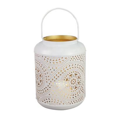 China Home Decoration Fancy Lantern White Flower Cavity Metal Hanging Votive Candle Holders for sale