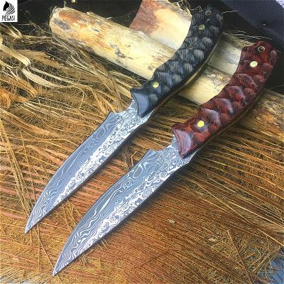 China Carbon Steel PEGASI Handle Damask Pattern (Khaki, Red) Forging 440 Stainless Steel 58HRC Fixed Knife or Camping Knife for sale