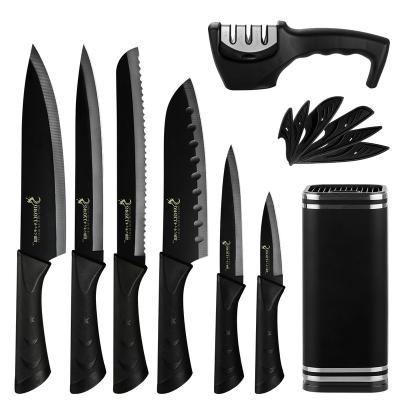 China Camping Party BBQ Kitchen Bar ZEMEN Kitchen Knife Set Black Blade Santoku Stainless Steel Bread Chef Knife With Knife Holder Kitchen Slicing Tool for sale