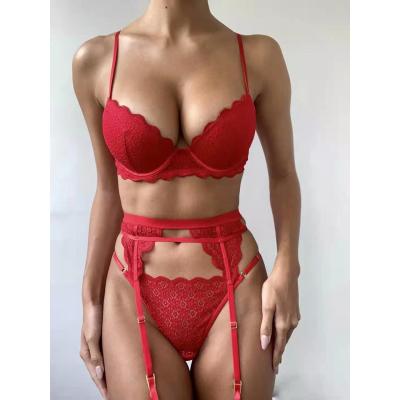 China High quality sexy red lace two piece women private label stock factory lingerie bra and brief sets for sale