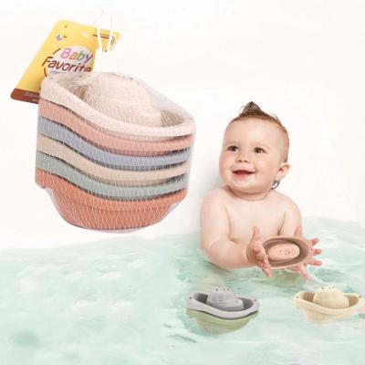 China Eco-friendly Material 6 pcs Eco Friendly Bath toy for kids Set Boat Wheat Straw Stacking Cups Tower Bath boat Toys for sale