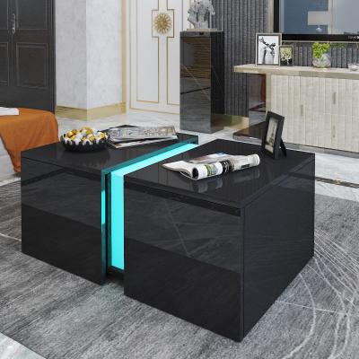 China High Gloss Extendable Modern Adjustable Coffee Table With LED Light Living Room Furniture Tea Table Black for sale